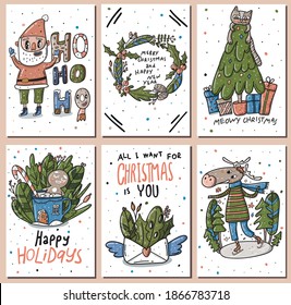 Christmas set with cute christmas elements in cartoon style