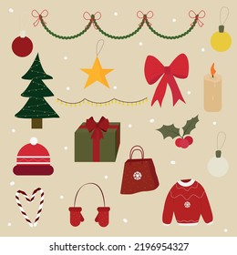 Conjunto de Navidad con elementos lindos para el diseño. Árbol de Navidad, vela, regalo, garland, paquete, arco de Año Nuevo, copas, ramitas, estrella, árbol de Navidad, suéter de Navidad, sombrero, guantes de juguetes, Para postales, 