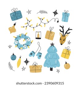 Christmas set of cute elements, vector illustration in flat style
