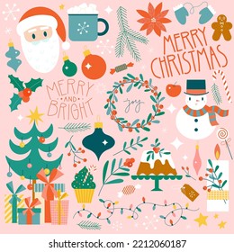 Christmas set of cute flat illustrations. Santa, Xmas tree, gifts and sweet and floral design elements in retro pinky style. Perfect for greeting cards, invitations, posters.