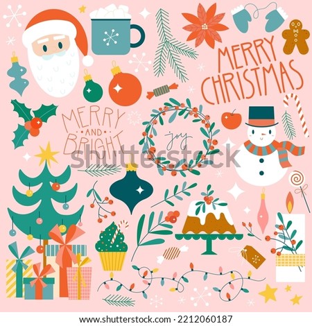 Christmas set of cute flat illustrations. Santa, Xmas tree, gifts and sweet and floral design elements in retro pinky style. Perfect for greeting cards, invitations, posters.