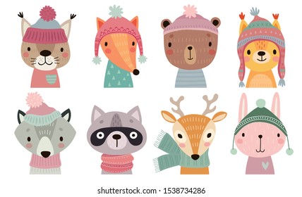 Christmas set with Cute forest animals. Hand drawn woodland characters. Vector illustration.