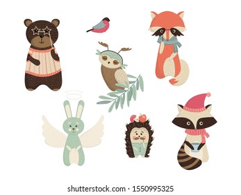 Christmas set of cute forest animals in holiday costumes.