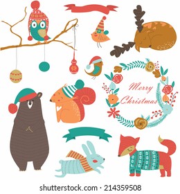 Christmas Set With Cute Forest Animals, Wreath And Ribbons