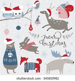 Christmas set with cute forest animals in cartoon style