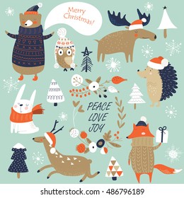 Christmas set with cute forest animals 