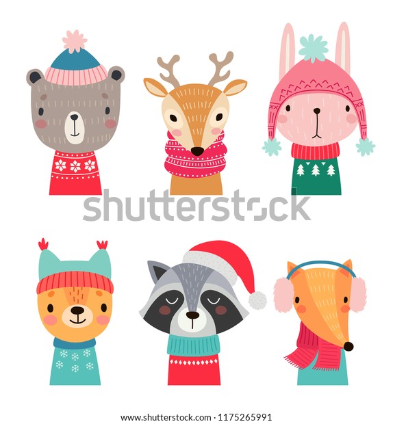 Christmas Set Cute Forest Animals Hand Stock Vector (Royalty Free ...