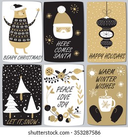 Christmas set with cute funny bear, santa, christmas trees, christmas tree decorations, winter floral wreath, mug with hot chocolate and mittens in cartoon style.