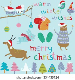 Christmas set with cute funny forest animals, trees and birds