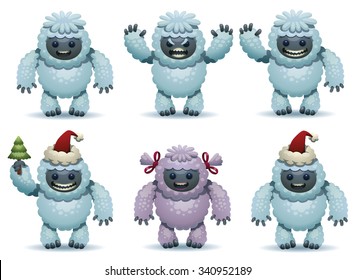 Christmas set of cute furry funny yetis, vector