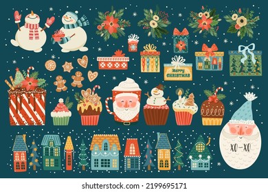 Christmas set of cute illusstrations with new year symbols. Vector design templates.