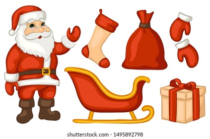 Christmas set of cute items. Santa Claus, bag, stocking, gift, mittens, sled. Isolated objects on white background. Vector illustration.