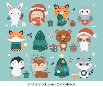 Christmas set with cute kawaii animals - fox, bunny, leopard, hedgehog, owl, raccoon, deer, penguin, bear and sloth. Cartoon characters. Happy New Year. Vector illustration.