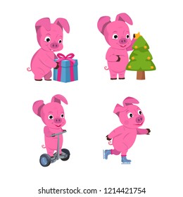 Christmas set of cute little pigs with a gift, christmas tree and skates . New Year symbol.Vector illustration.