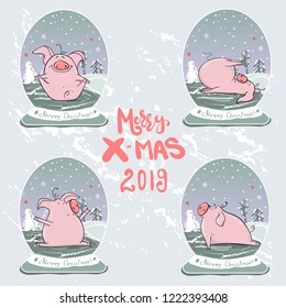 Christmas set of cute little pigs. New Year symbol. Vector winter illustration.