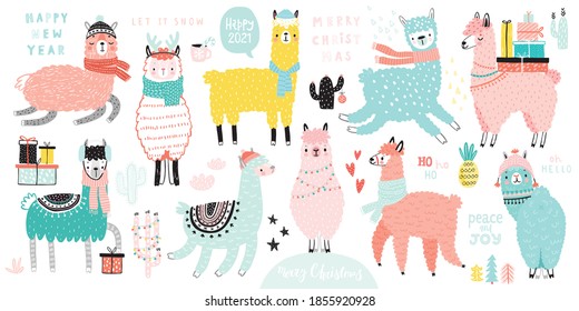 Christmas set with Cute Llamas  celebrating Christmas eve, handwritten letterings and other elements. Funny characters. Vector illustration.