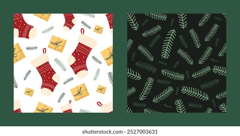 Christmas set of cute patterns with Christmas stockings, gifts and pine branches. Traditional symbols of warm family Christmas holiday. For holiday cards, invitations, prints.