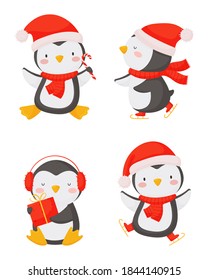 Christmas set with cute penguins in cartoon style on a white background.