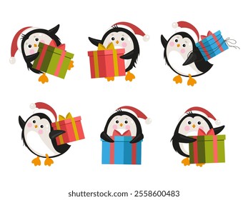 Christmas set cute penguins in Santa hat with presents. Kawaii animal characters 