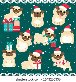 Christmas set with cute pugs dogs. Pugs funny, happy, running, with gift, in xmas Santa hat, sticking out tongue. EPS8