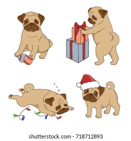 Christmas set with cute pugs. Vector holiday illustration.