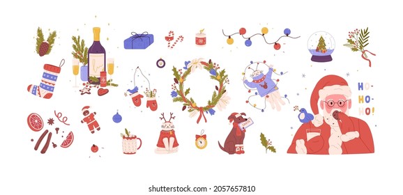 Christmas set with cute Santa Claus, merry cats, dog, holiday gifts, New Year baubles, wreath and winter candies. Xmas design elements bundle. Flat vector illustration isolated on white background