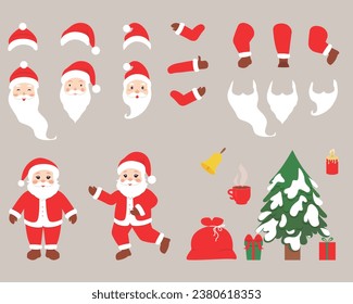 
Christmas set. Cute Santa Claus with movable legs and arms. Cartoon flat vector collection isolated on gray