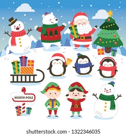 Christmas set with cute santa, deer, snowman and elf vector character with background