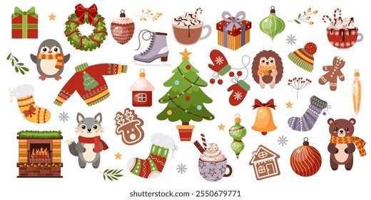 Christmas set, cute seasonal design elements. Cozy winter decor for holidays. Colored flat vector illustrations on white background. Stickers set. Hand drawn style.