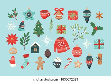 Christmas set, cute seasonal elements, vector illustration in flat style