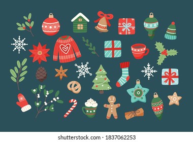 Christmas set, cute seasonal elements, vector illustration in flat style