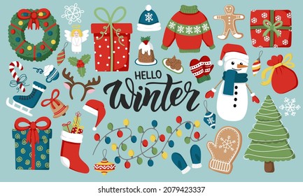 Christmas set, cute seasonal elements, vector illustration in flat style