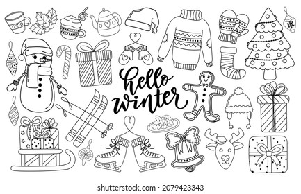 Christmas set, cute seasonal elements, vector illustration in flat style