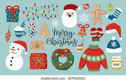 Christmas set, cute seasonal elements, vector illustration in flat style