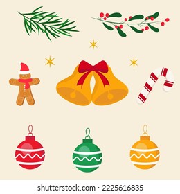Christmas set, cute seasonal elements, vector illustration in flat style