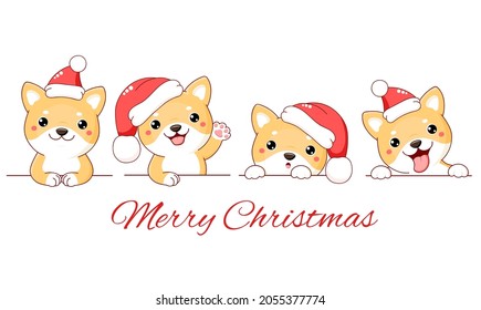 Christmas set of cute shiba inu dog. Borders with kawaii shiba inu puppy in Santa hats. Xmas collection of dogs with different emotion - funny, happy, surprised, sticking out tongue. Vector EPS8