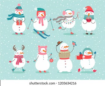 Christmas set with cute snowmen. Funny characters with garland, gift, bird, skates, ski and christmas balls.