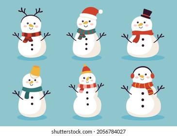 Christmas set with cute snowmen isolated on blue background. vector Illustration.