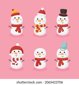 Christmas set with cute snowmen isolated on pink background. vector Illustration.