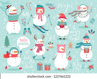 Christmas set with cute snowmen and other elements. Funny characters with garland, gift, bird, skates, ski and christmas balls.