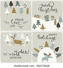 Christmas set with cute christmas trees, deer, moose and snowflakes in cartoon style.