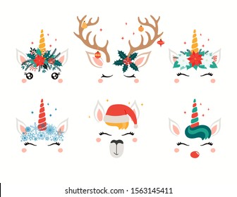 Christmas set with cute unicorn, llama, reindeer faces, in flower wreaths. Isolated objects on white. Hand drawn vector illustration. Flat style design. Concept holiday print, card, invite, gift tag.