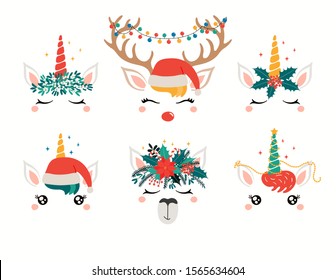 Christmas set with cute unicorn, llama, reindeer faces, in flower wreaths. Isolated objects on white. Hand drawn vector illustration. Flat style design. Concept holiday print, card, invite, gift tag.