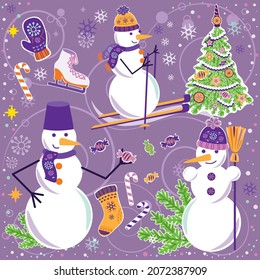 Christmas set. Cute vector snowmen and snowmen on skis, ice skates, Christmas tree, christmas decorations, knitted mittens, socks and a hat. Winter holidays.