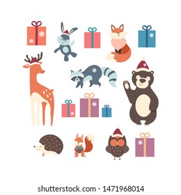 Christmas set of cute woodland animals. Cartoon characters isolated on white background. Flat vector illustration.