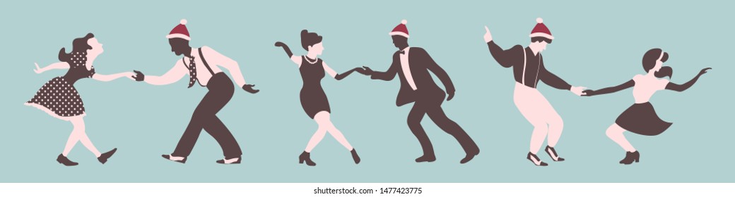 Christmas set of dancing people. Men and women performing jazz or rock'n'roll. Vector illustration in 1940s style.
