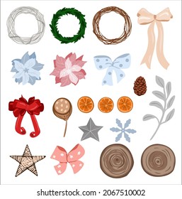 Weihnachtsdekor, Blumen und Schleife für Kranz-Vorlage. Ferienobjekte für die Dekoration. Vektorgrafik