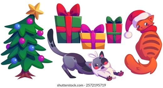 Christmas set of decorated pine tree with star topper, colorful presents with bows, playful gray kitty with beard costume accessory, ginger pet in Santa hat. Cartoon holiday composition with cute pets