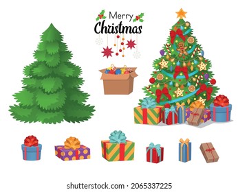 Christmas set decorated Christmas tree with gift boxes. and Christmas tree without decorations.Vector  cartoon illustration.