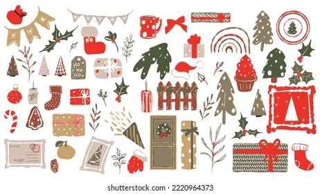 Christmas set for decorating postcards and invitations and posters. 55 decorative elements